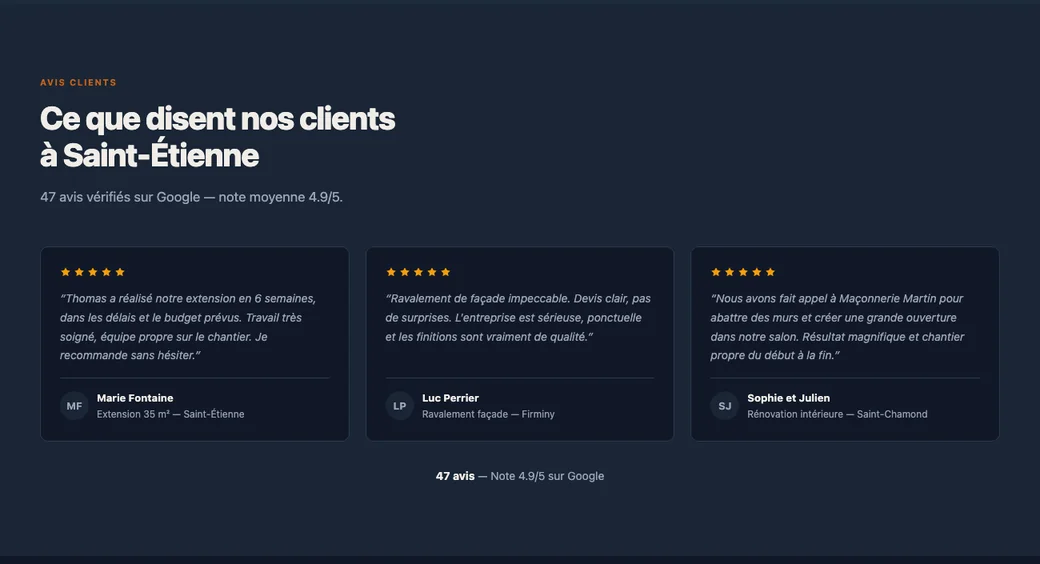 Section avis d'un site de maçon conçu par No Web : 47 avis Google, note 4,9 sur 5, témoignages situés à Saint-Étienne, Firminy et Saint-Chamond