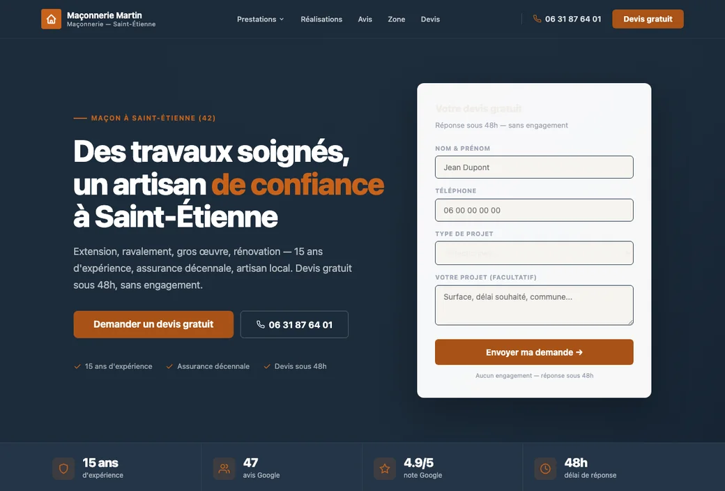 Page d'accueil d'un site de maçon optimisé pour Saint-Étienne, la ville affichée dès le titre