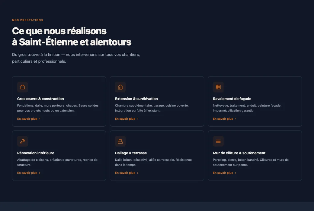 Section des prestations d'un site de maçon conçu par No Web : gros œuvre, extension, ravalement